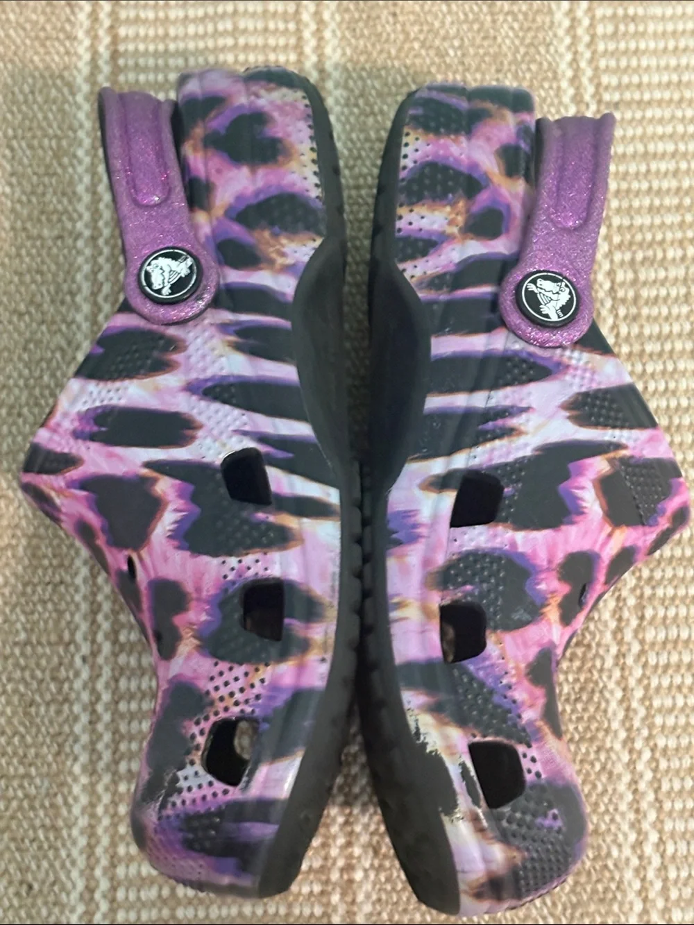 CROCS Kids Purple Leopard Print Clog with Glitter Strap. Croslite Foam. Size-J 2